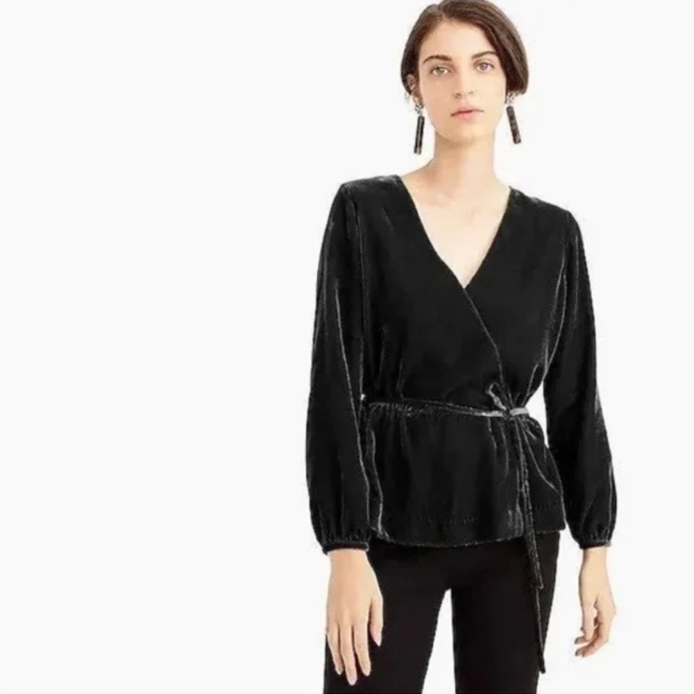 J. Crew Black Drapey Velvet Faux Wrap Blouse Tie Waist Size 10T